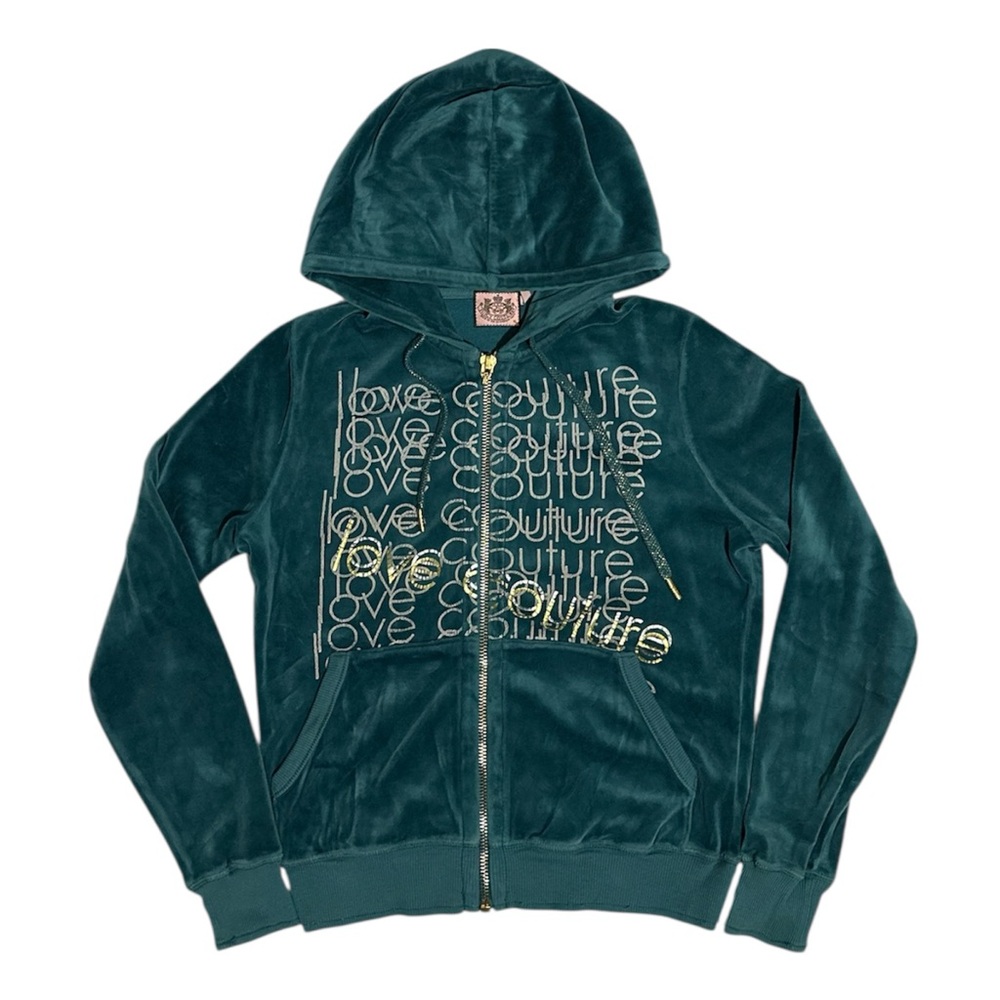 "Juicy Couture Dark Green Velour (Teal) Full Zip Hoodie "love couture" Graphic"